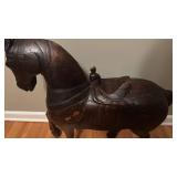 Large Hand-Carved Wooden Horse Sculpture with Saddle, 30.5 x 29 in