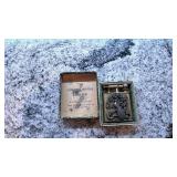 Vintage Golden Wheel Lighter with Peacock Design and Original Box