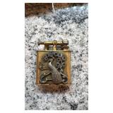 Vintage Golden Wheel Lighter with Peacock Design and Original Box