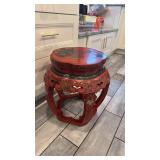 Red Lacquered Asian-Style Garden Stool with Bird and Floral Motif, 19 x 17 in