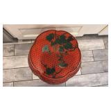 Red Lacquered Asian-Style Garden Stool with Bird and Floral Motif, 19 x 17 in