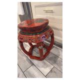 Red Lacquered Asian-Style Garden Stool with Bird and Floral Motif, 19 x 17 in