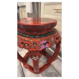 Red Lacquered Asian-Style Garden Stool with Bird and Floral Motif, 19 x 17 in