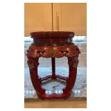 Red Lacquered Asian-Style Garden Stool with Bird and Floral Motif, 19 x 17 in
