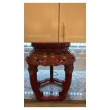 Red Lacquered Asian-Style Garden Stool with Bird and Floral Motif, 19 x 17 in