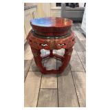 Red Lacquered Asian-Style Garden Stool with Bird and Floral Motif, 19 x 17 in