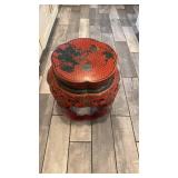 Red Lacquered Asian-Style Garden Stool with Bird and Floral Motif, 19 x 17 in