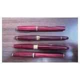 Set of 4 Vintage Red Fountain Pens with Gold and Silver Trim