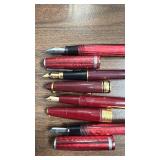 Set of 4 Vintage Red Fountain Pens with Gold and Silver Trim