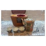 Vintage Asian Tea Set with Teapot, 3 Cups, and Woven Basket Case