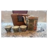 Vintage Asian Tea Set with Teapot, 3 Cups, and Woven Basket Case