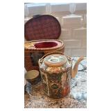 Vintage Asian Tea Set with Teapot, 3 Cups, and Woven Basket Case