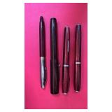 Set of 4 Vintage Fountain Pens with Marbled and Burgundy Finishes