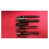 Set of 4 Vintage Fountain Pens with Marbled and Burgundy Finishes