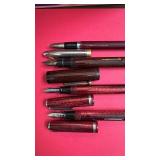 Set of 4 Vintage Fountain Pens with Marbled and Burgundy Finishes