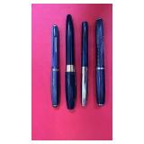 Set of 4 Vintage Blue Fountain Pens with Metal Accents