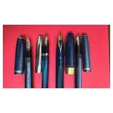 Set of 4 Vintage Blue Fountain Pens with Metal Accents