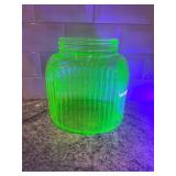 Vintage Ribbed Vaseline Uranium Glass Canister Jar