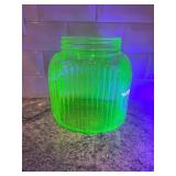 Vintage Ribbed Vaseline Uranium Glass Canister Jar