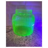 Vintage Ribbed Vaseline Uranium Glass Canister Jar