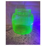 Vintage Ribbed Vaseline Uranium Glass Canister Jar