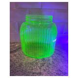 Vintage Ribbed Vaseline Uranium Glass Canister Jar