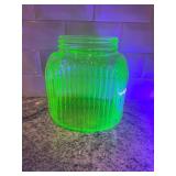 Vintage Ribbed Vaseline Uranium Glass Canister Jar