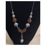 Silver Filagree Blue & White Swirl Art Glass Beaded Necklace Silver Filagree Blue & White Swirl Art Glass Beaded Necklace