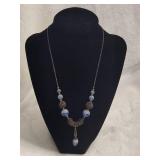 Silver Filagree Blue & White Swirl Art Glass Beaded Necklace Silver Filagree Blue & White Swirl Art Glass Beaded Necklace