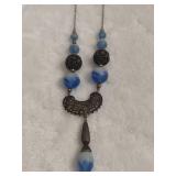 Silver Filagree Blue & White Swirl Art Glass Beaded Necklace Silver Filagree Blue & White Swirl Art Glass Beaded Necklace