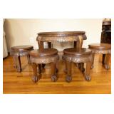 Vintage Chinese Carved Wood Table with Nesting Stools Vintage Chinese Carved Wood Table with Nesting Stools