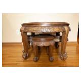 Vintage Chinese Carved Wood Table with Nesting Stools Vintage Chinese Carved Wood Table with Nesting Stools