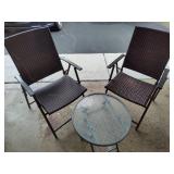 Two Outdoor Folding Chairs & Small Bistro Table Two Outdoor Folding Chairs & Small Bistro Table
