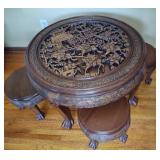 Vintage Chinese Carved Wood Table with Nesting Stools Vintage Chinese Carved Wood Table with Nesting Stools