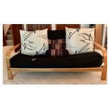 Wood Frame Futon Couch with Black Cover and Pillows Wood Frame Futon Couch with Black Cover and Pillows