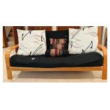 Wood Frame Futon Couch with Black Cover and Pillows Wood Frame Futon Couch with Black Cover and Pillows