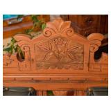 Beautiful Antique Eastlake Carved Walnut and Green Leather Settee Beautiful Antique Eastlake Carved Walnut and Green Leather Settee