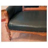 Beautiful Antique Eastlake Carved Walnut and Green Leather Settee Beautiful Antique Eastlake Carved Walnut and Green Leather Settee