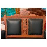 Beautiful Antique Eastlake Carved Walnut and Green Leather Settee Beautiful Antique Eastlake Carved Walnut and Green Leather Settee
