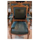 Gorgeous Antique Eastlake Carved Walnut and Green Leather Chair Set Gorgeous Antique Eastlake Carved Walnut and Green Leather Chair Set