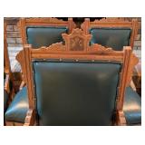 Gorgeous Antique Eastlake Carved Walnut and Green Leather Chair Set Gorgeous Antique Eastlake Carved Walnut and Green Leather Chair Set