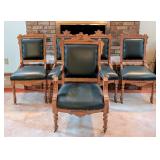 Gorgeous Antique Eastlake Carved Walnut and Green Leather Chair Set Gorgeous Antique Eastlake Carved Walnut and Green Leather Chair Set