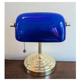 Brass and Blue Glass Banker Table Lamp Brass and Blue Glass Banker Table Lamp