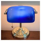 Brass and Blue Glass Banker Table Lamp Brass and Blue Glass Banker Table Lamp