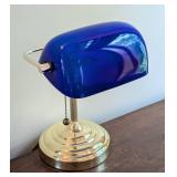 Brass and Blue Glass Banker Table Lamp Brass and Blue Glass Banker Table Lamp