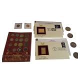 A mix of different coins and stamps, including a special silver German coin from 1874. A mix of different coins and stamps, including a special silver German coin from 1874.