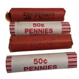 Four rolls of wheat pennies from different years and have various mint markings. There are a total of 200 coins. Four rolls of wheat pennies from different years and have various mint markings. There are a total of 200 coins.