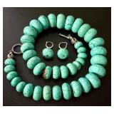 Handcrafted Necklace & Earring Set with Turquoise Graduated Stones and Sterling Clasps Handcrafted Necklace & Earring Set with Turquoise Graduated Stones and Sterling Clasps