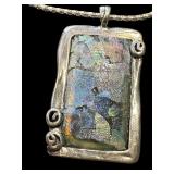Sterling Silver Necklace with Roman Glass Pendant, 17.5" Chain Sterling Silver Necklace with Roman Glass Pendant, 17.5" Chain