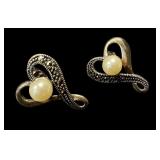 Sterling Silver Earrings with Marcasite and Faux Pearls Sterling Silver Earrings with Marcasite and Faux Pearls